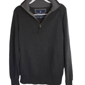 Mens Sz L Gray 1/4 Zip Ribbed Collar Y2K Grunge Preppy Sweater American Eagle